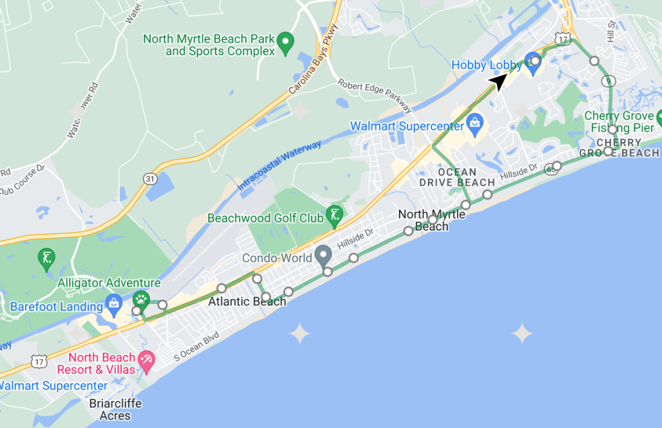The Entertainment Express shuttle in North Myrtle Beach will travel from Cherry Grove Beach to Barefoot Landing, making stops at various shops, resorts and attractions.