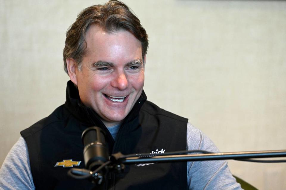Former NASCAR driver and Hall of Fame member Jeff Gordon laughs as he responds to a question during the Sports Legends of the Carolinas podcast on Tuesday, March 21, 2023. Gordon is now the Vice-Chairman for Hendrick Motorsports in Concord, NC.