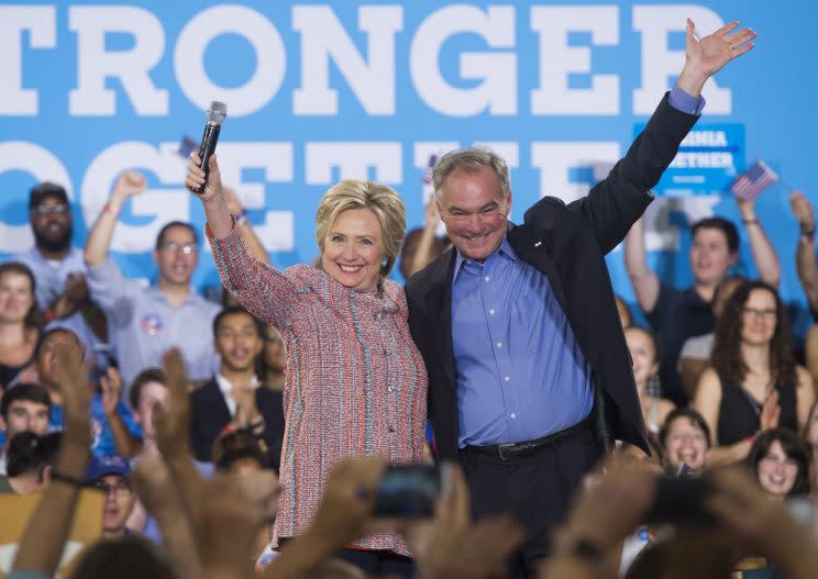 Hillary Clinton and Sen. Tim Kaine, Democrat of Virginia, in Annandale, Va., on July 14. (Photo: Saul Loeb/AFP/Getty Images)