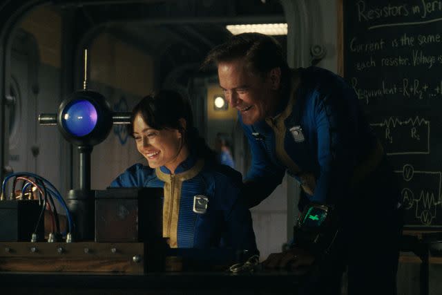 <p>Courtesy of Prime Video</p> Ella Purnell and Kyle MacLachlan in the Vault in 'Fallout.'