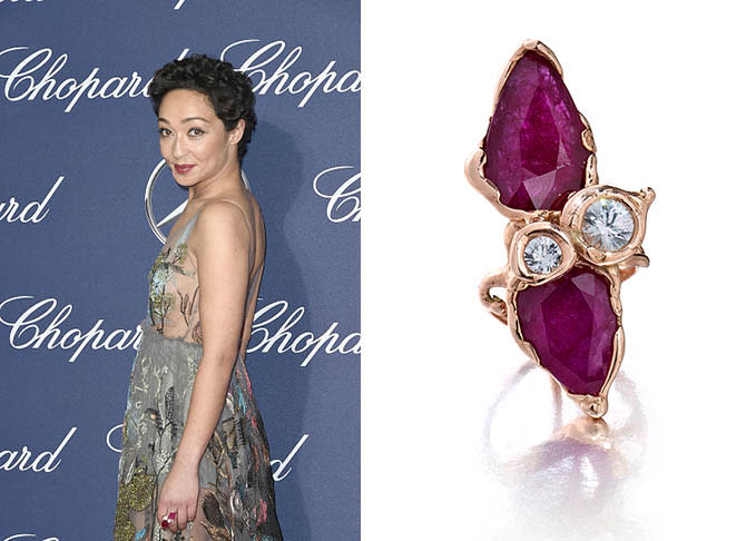 Ruth Negga at the Palm Springs International Film Festival in a Gemfields ruby, diamond and pink gold ring from the Gemfields x Muse collectionPhoto by David Crotty/Patrick McMullan via Getty Images and jewel courtesy