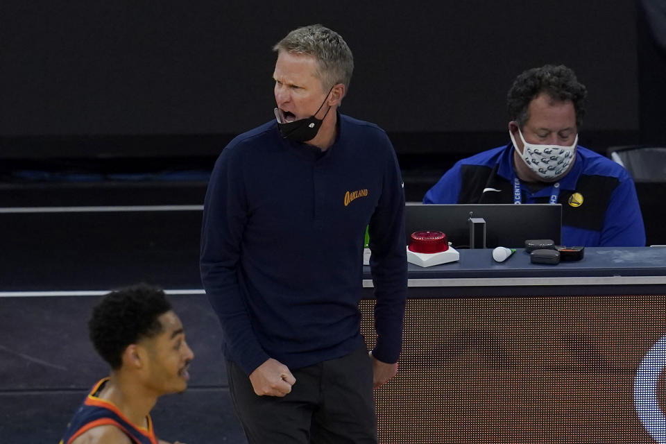 Golden State Warriors head coach Steve Kerr reacts to an official's call during the first half of his team's NBA basketball game against the Oklahoma City Thunder in San Francisco, Thursday, May 6, 2021. (AP Photo/Jeff Chiu)