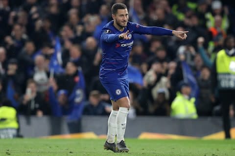 May Chelsea midfielder Eden Hazard scores the winning penalty during the UEFA Europa League Semi Final second leg between Chelsea and Eintracht Frankfurt at Stamford Bridge - Credit: Jon Bromley/ MI News/NurPhoto via Getty Images)