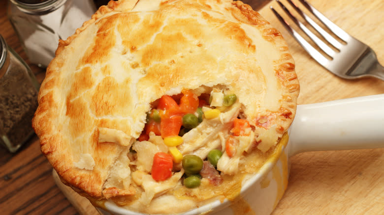 Chicken pot pie with fork