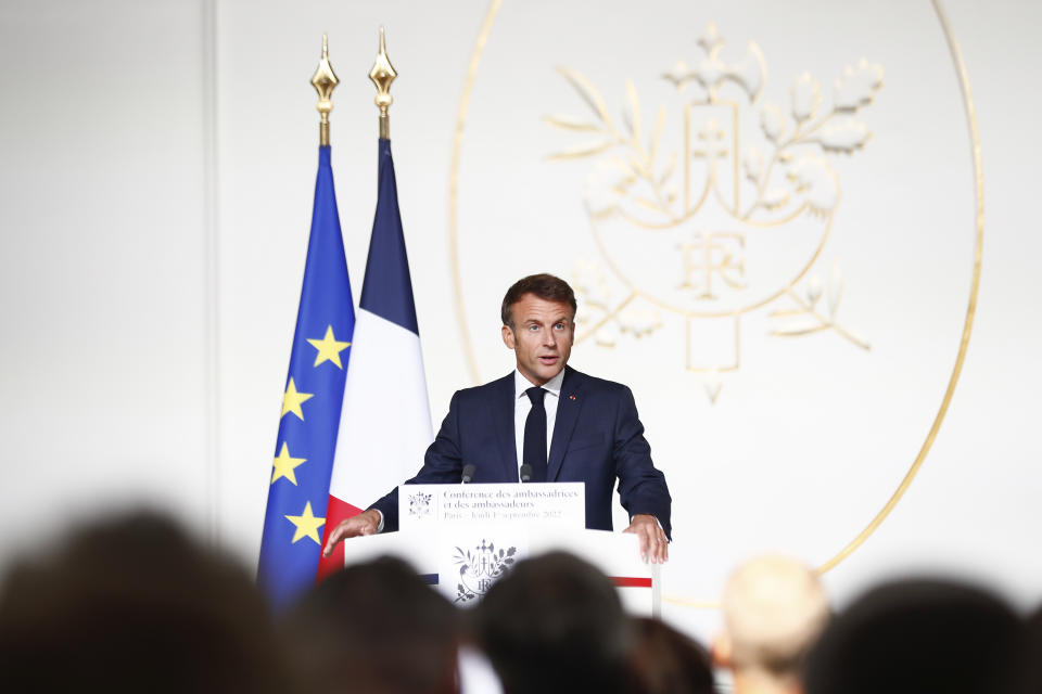 French President Emmanuel Macron delivers a speech during the French ambassadors' conference at the Elysee Palace in Paris, Thursday, Sept.1, 2022. French President Emmanuel Macron vowed to maintain France's humanitarian, economic and military support to Ukraine and strengthen Europe's unity to put pressure on Russia and prevent it from winning the war it is waging in Ukraine. (Mohammed Badra, Pool via AP)