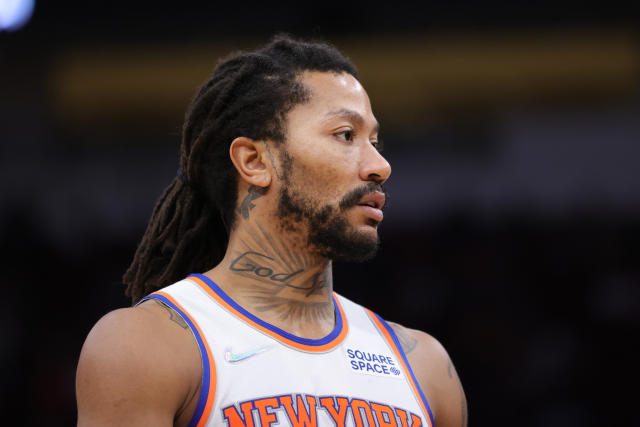 The shoes of New York Knicks guard Derrick Rose are seen during