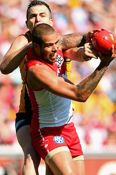 <p>Lance Franklin grabs a mark under pressure.</p>