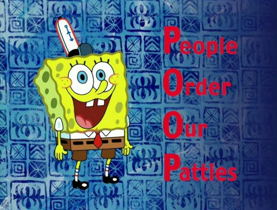 SpongeBob animation with phrase "People Order Our Patties" in bold letters