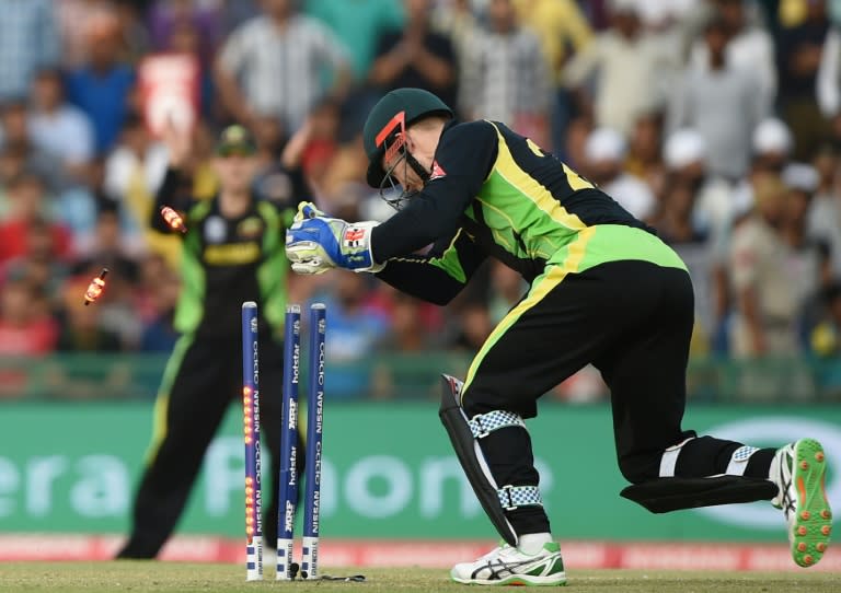 Australia's wicketkeeper Peter Nevill stumps Pakistan's captain Shahid Afridi during their World T20 match in Mohali on March 25, 2016