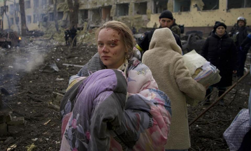 Marianna Vishegirskaya stands outside a maternity hospital in Mariupol. She gave birth the following day.