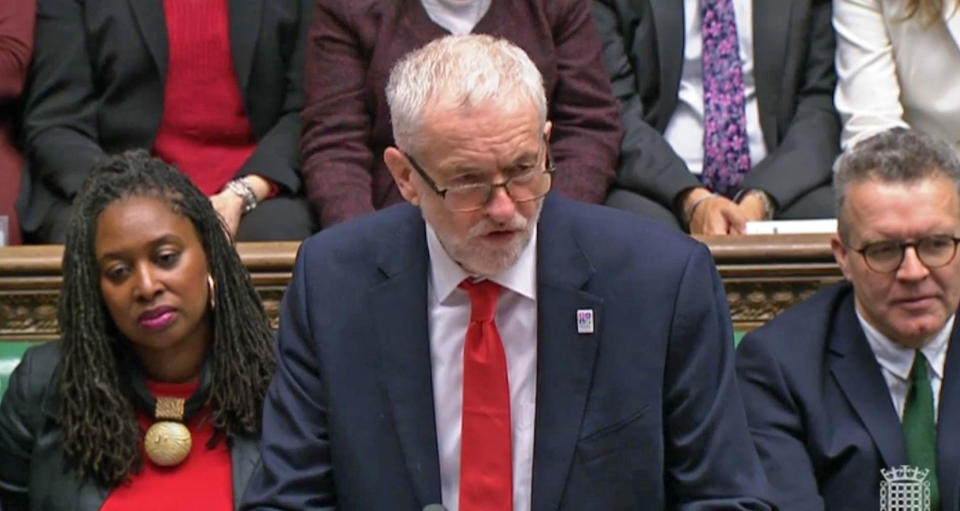 Labour party leader Jeremy Corbyn speaks during Prime Minister’s Questions in the House of Commons, London.