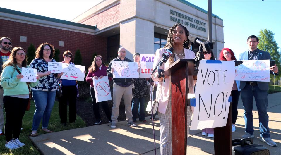 Angela Wynn speaks in a rally against American Classical Academy Tuesday, April 25, 2023, before the Rutherford County Board of Education approved the public charter school plan that would use free curriculum and teacher training from the conservative Christian Hillsdale (Michigan) College.