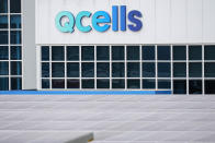 The Hanwha Qcells Solar plant sign is seen, Monday, Oct. 16, 2023, in Dalton, Ga. The Korean company is opening what it says is the first solar panel factory to begin production in the U.S. since the passage of President Joe Biden’s signature climate legislation. (AP Photo/Mike Stewart)