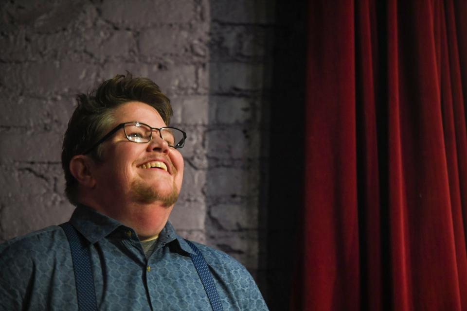 Bex Miller laughs while performing an improv show called Living Legends at Alchemy Comedy in downtown Greenville, S.C., on Friday, June 30 , 2023. 