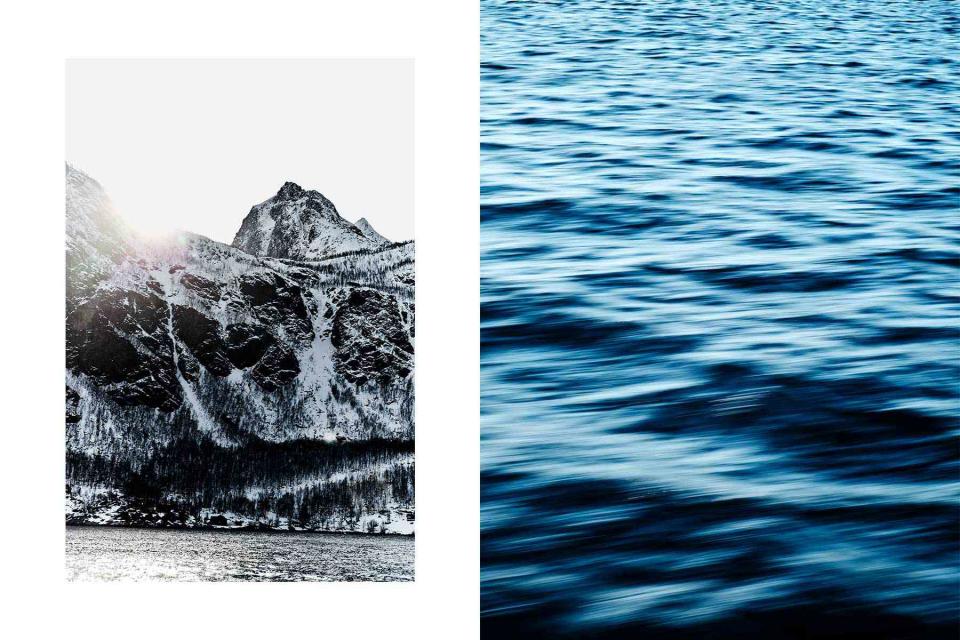 <p>Øivind Haug</p> From left: Årbostadtinden, one of many peaks on Andørja that top 3,000 feet; rippling water seen from the ferry.