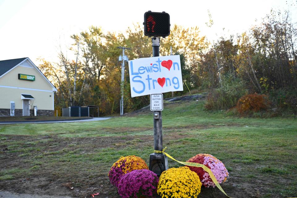 A sign reading ‘Lewiston Strong’ stands in the Maine community scarred by America’s latest mass shooting (AFP via Getty Images)