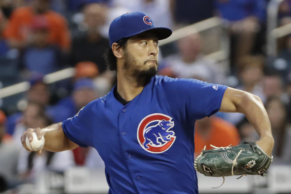 Chicago Cubs' starting pitcher Yu Darvish winds up during the second inning of a baseball game against the New York Mets, Tuesday, Aug. 27, 2019, in New York. (AP Photo/Kathy Willens)