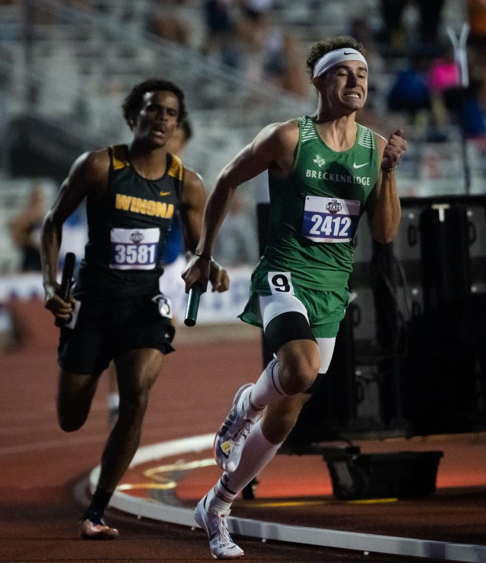 Breckenridge competes in the 1,600 meter relay during the 3A state meet in Austin.