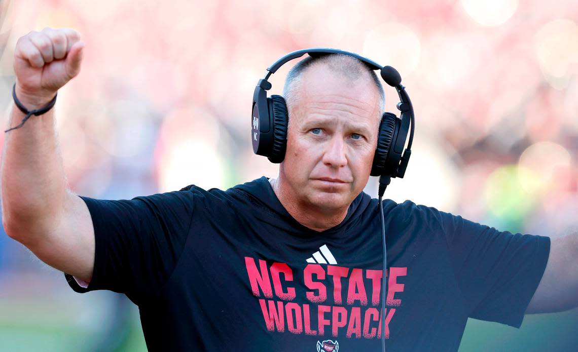 N.C. State head coach Dave Doeren motions at the start of the fourth quarter during the Wolfpack’s 24-17 victory over Clemson at Carter-Finley Stadium in Raleigh, N.C., Saturday, Oct. 28, 2023. Ethan Hyman/ehyman@newsobserver.com