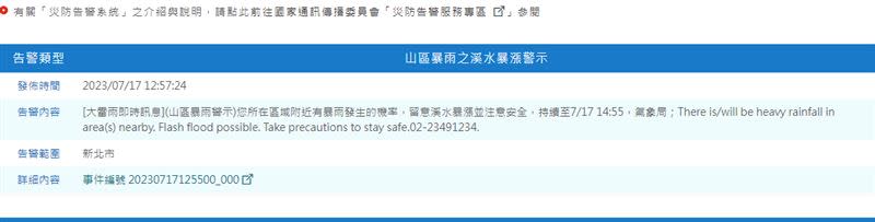 氣象局提醒新北民眾注意溪水暴漲。（圖／翻攝自氣象局）