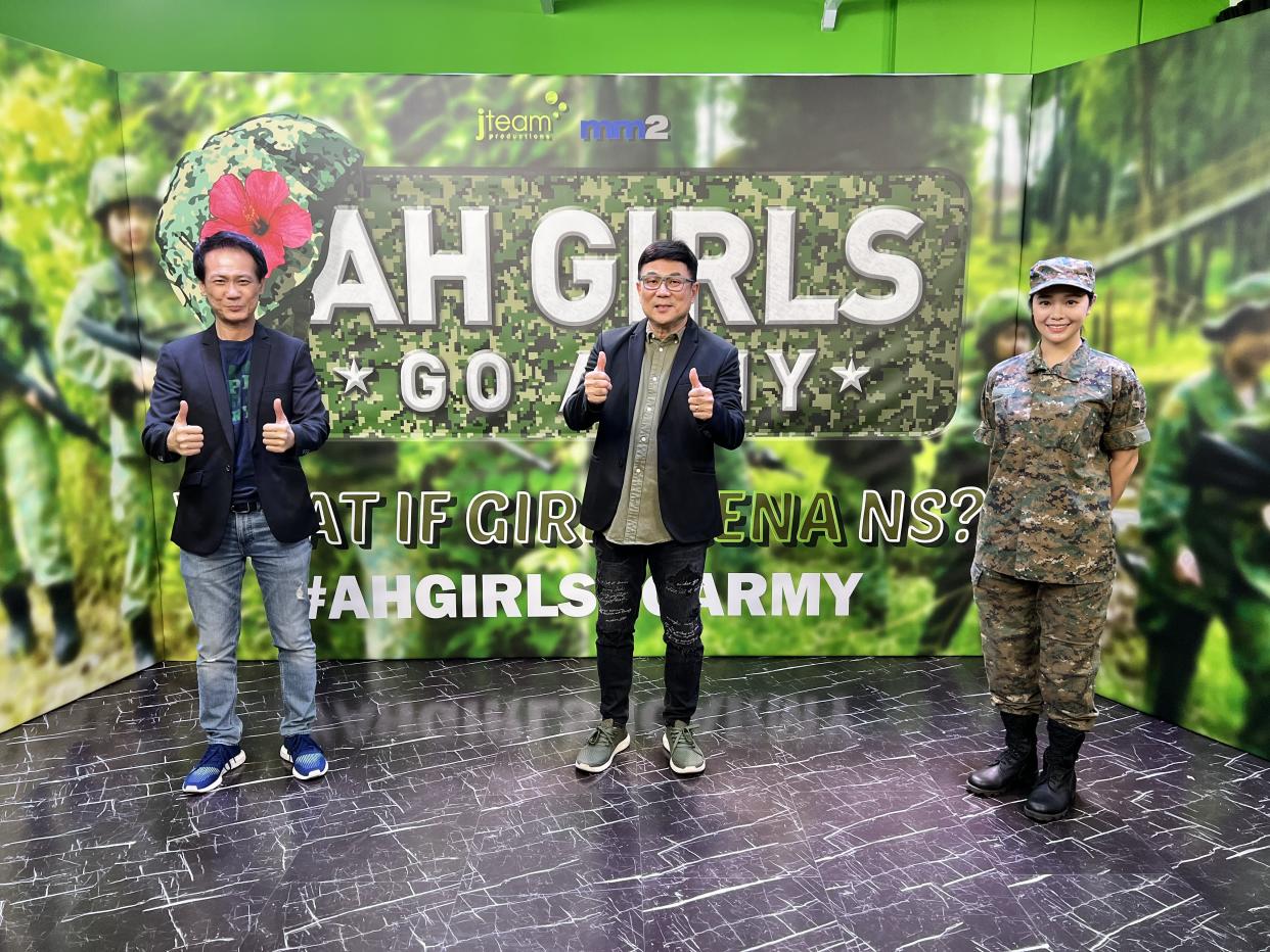 Left to right:  Ng Say Yong, Chief Content Officer of mm2 Asia; filmmaker Jack Neo of J Team Productions; and actress Apple Chan, at a press conference for Neo's film Ah Girls Go Army on 29 Sept 2021. Chan will star as Lieutenant Zhang Xinyi in the film. (Photo: mm2 Entertainment)