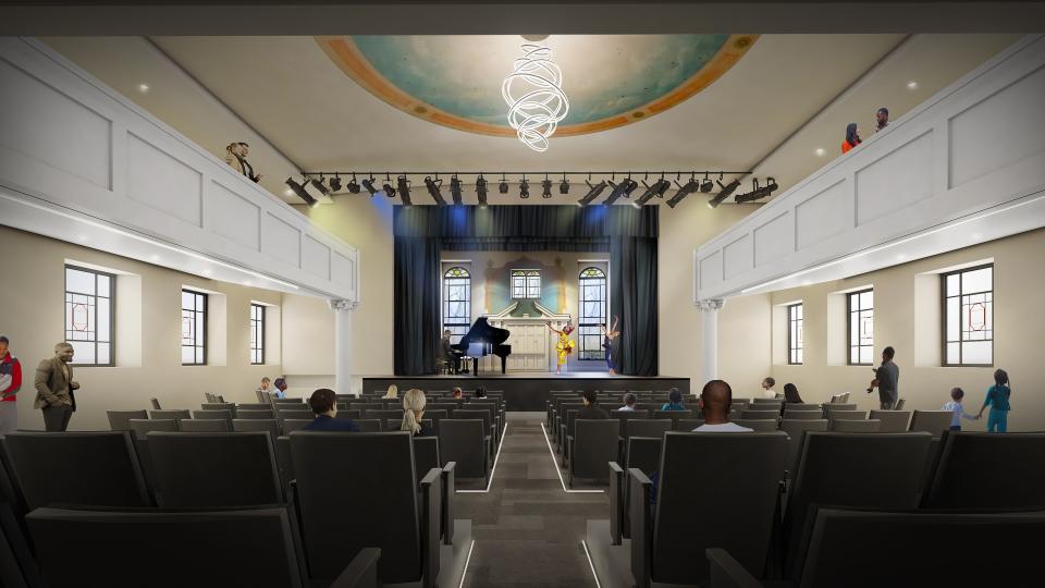 A rendering shows the envisioned performance hall in a yet-to-be-renovated 90-year-old decommissioned synagogue on Joseph Avenue.