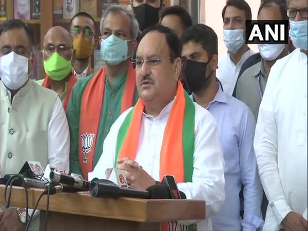 JP Nadda addressing at the BJP headquarters in Delhi on Wednesday. [Photo/ANI]