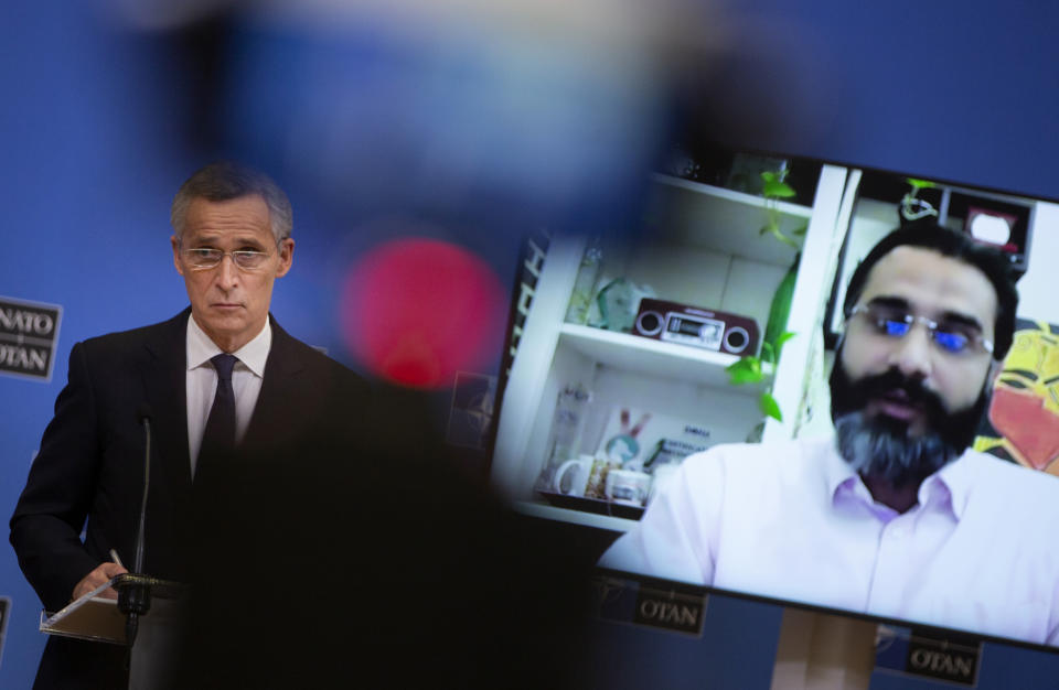 NATO Secretary General Jens Stoltenberg speaks during a media conference, after a meeting of NATO defense ministers in video format, at NATO headquarters in Brussels on Thursday, Feb. 18, 2021. (AP Photo/Virginia Mayo, Pool)