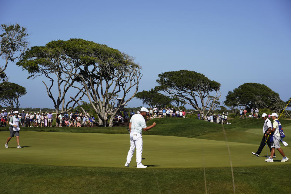 Bryson DeChambeau reacts to a putt on the seventh hole during the second round of the PGA Championship golf tournament on the Ocean Course Friday, May 21, 2021, in Kiawah Island, S.C. (AP Photo/Chris Carlson)