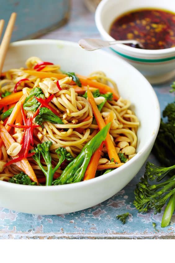 Broccoli noodles with soy, lime and chilli dressing