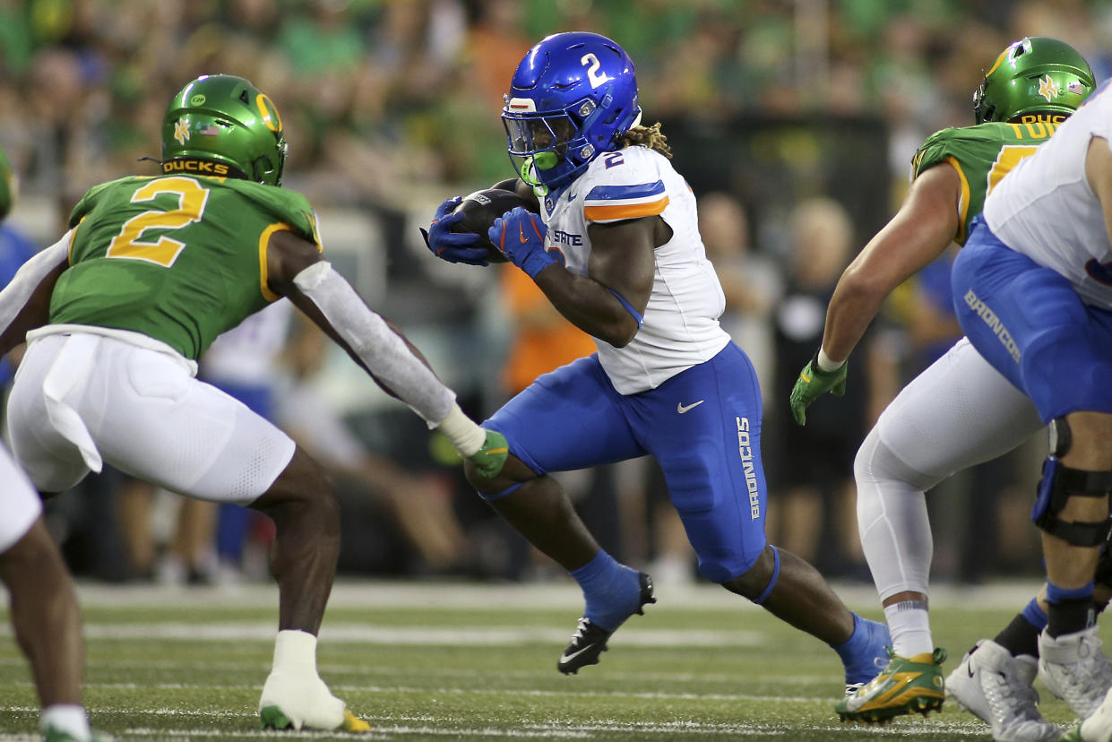 Boise State's Ashton Jeanty leads the nation in rushing yards and touchdowns this season. (AP Photo/Lydia Ely)