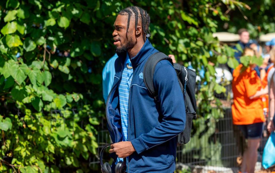 North Carolina wide receiver Devontez Walker arrives at Kenan Stadium for the Tar Heels’ game against Syracuse on Saturday, October 7, 2023 in Chapel Hill, N.C. Walker was granted eligibility by the NCAA this week, to play in his first game of the 2023 season.