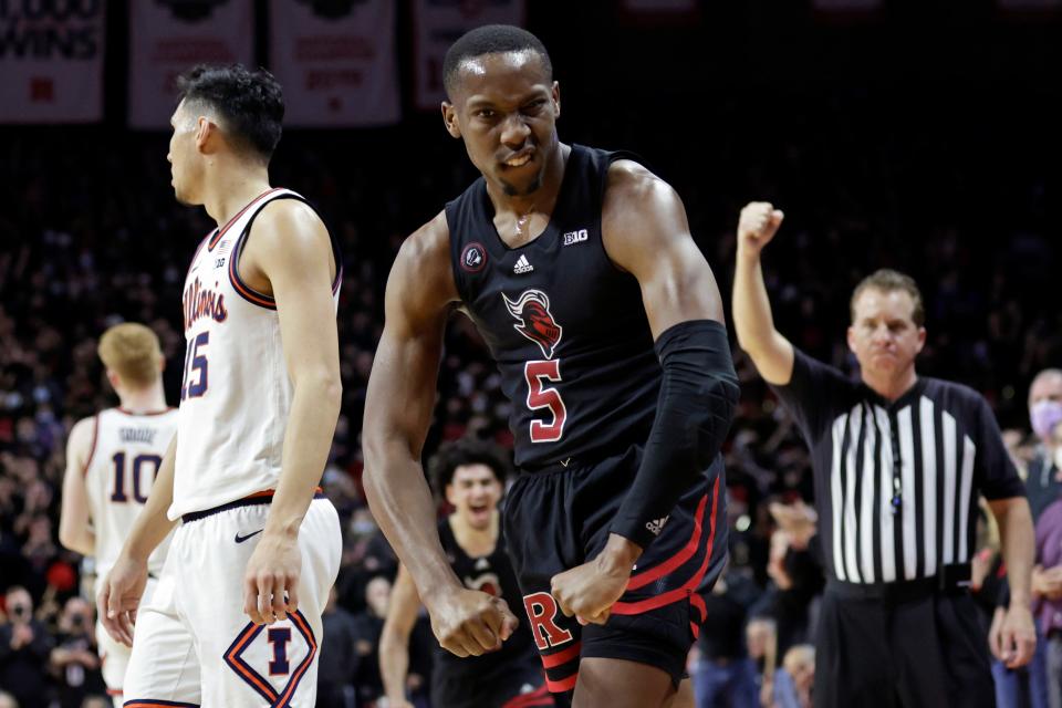 Rutgers forward Aundre Hyatt (5) reacts after being fouled by Illinois guard RJ Melendez during the second half of an NCAA college basketball game Wednesday, Feb. 16, 2022, in Piscataway, N.J.