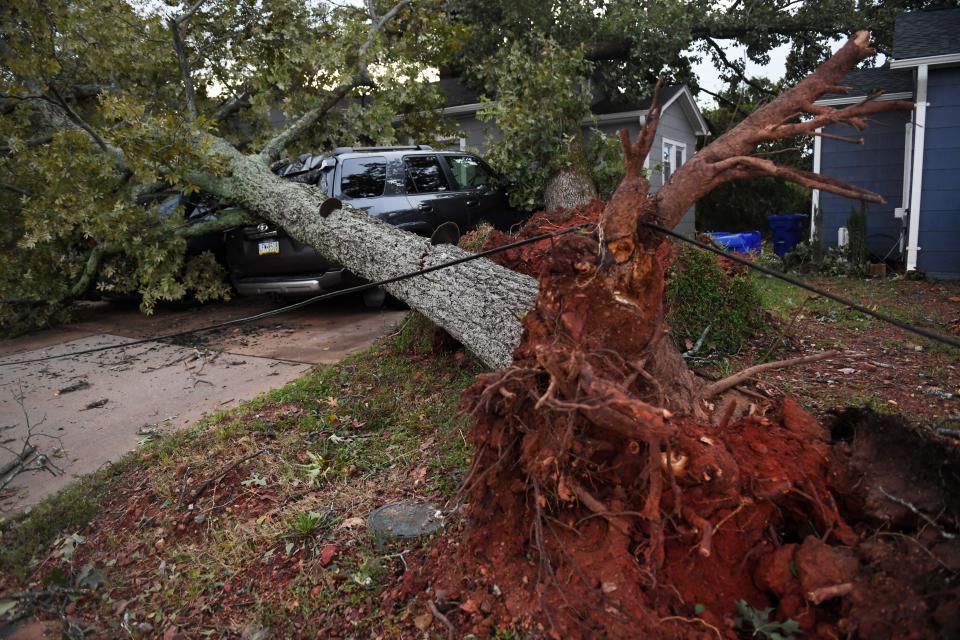 A fallen tree is seen on top of a car in Greenville, S.C., on Friday, Sept. 27, 2024.