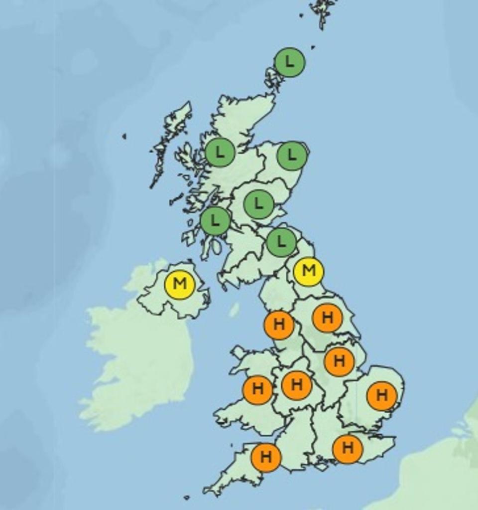 Pollen count forecast for Wednesday (Met Office)