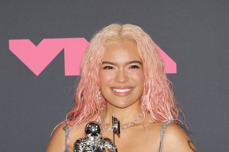 Karol G arrives in the press room at the 2023 MTV Video Music Awards at the Prudential Center in Newark, N.J. File Photo by Jason Szenes/UPI