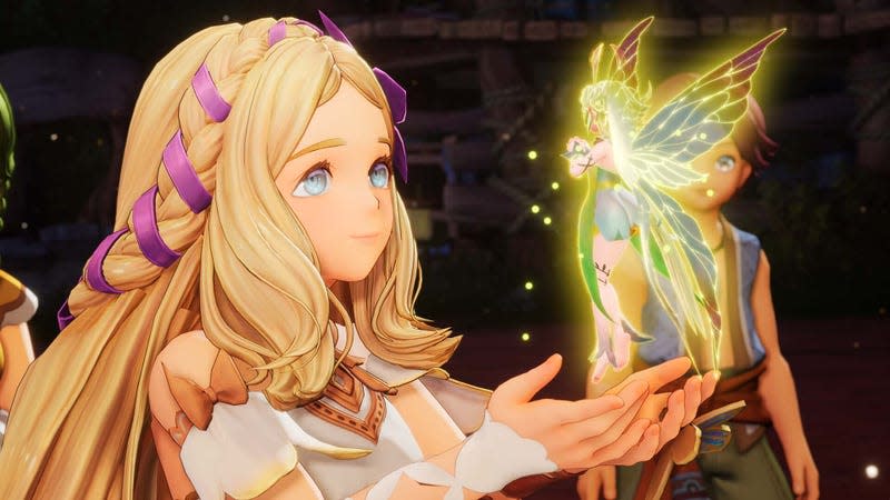 A blonde-haired girl in a white dress holds out her hands while a yellow-glowing butterfly fairy in a green dress hovers just above the palms.