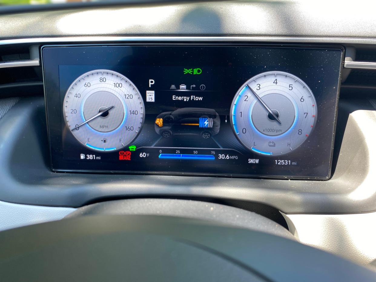 The 2024 Hyundai Tucson Hybrid Limited's 10.25-inch digital instrument display showing the flow of energy in the hybrid system.