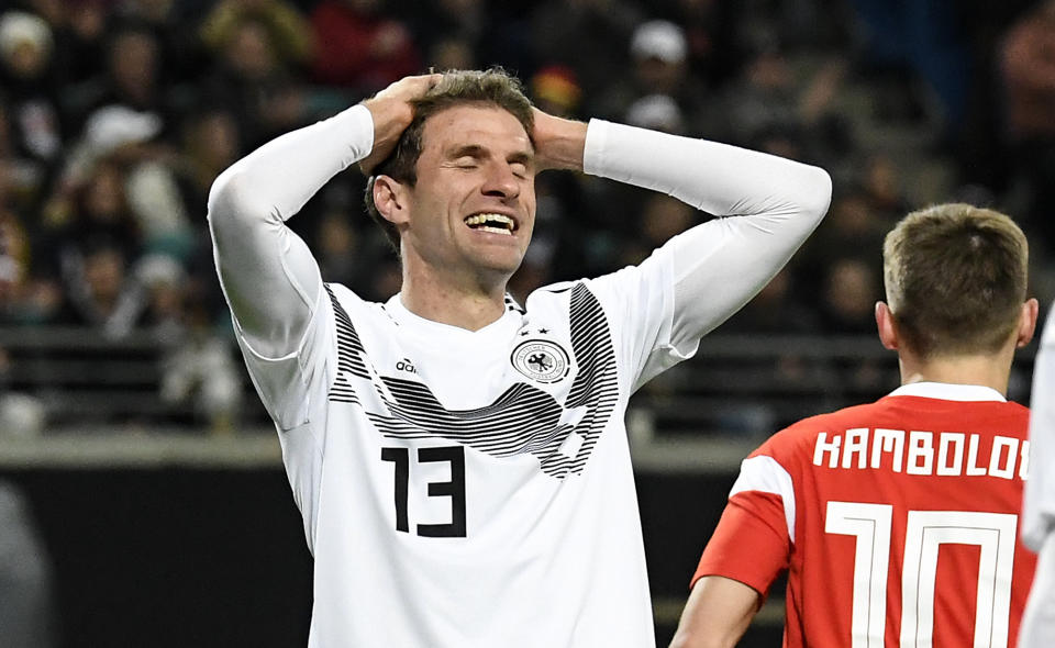 Germany's Thomas Mueller reacts during a friendly soccer match between Germany and Russia in Leipzig, Germany, Thursday, Nov. 15, 2018. (AP Photo/Jens Meyer)