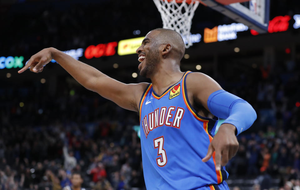 Dec 6, 2019; Oklahoma City, OK, USA; Oklahoma City Thunder guard Chris Paul (3) celebrates after guard Dennis Schroder made a basket to tie the game against the Minnesota Timberwolves at the end of regulation at Chesapeake Energy Arena. Oklahoma City won in overtime 139-127. Mandatory Credit: Alonzo Adams-USA TODAY Sports