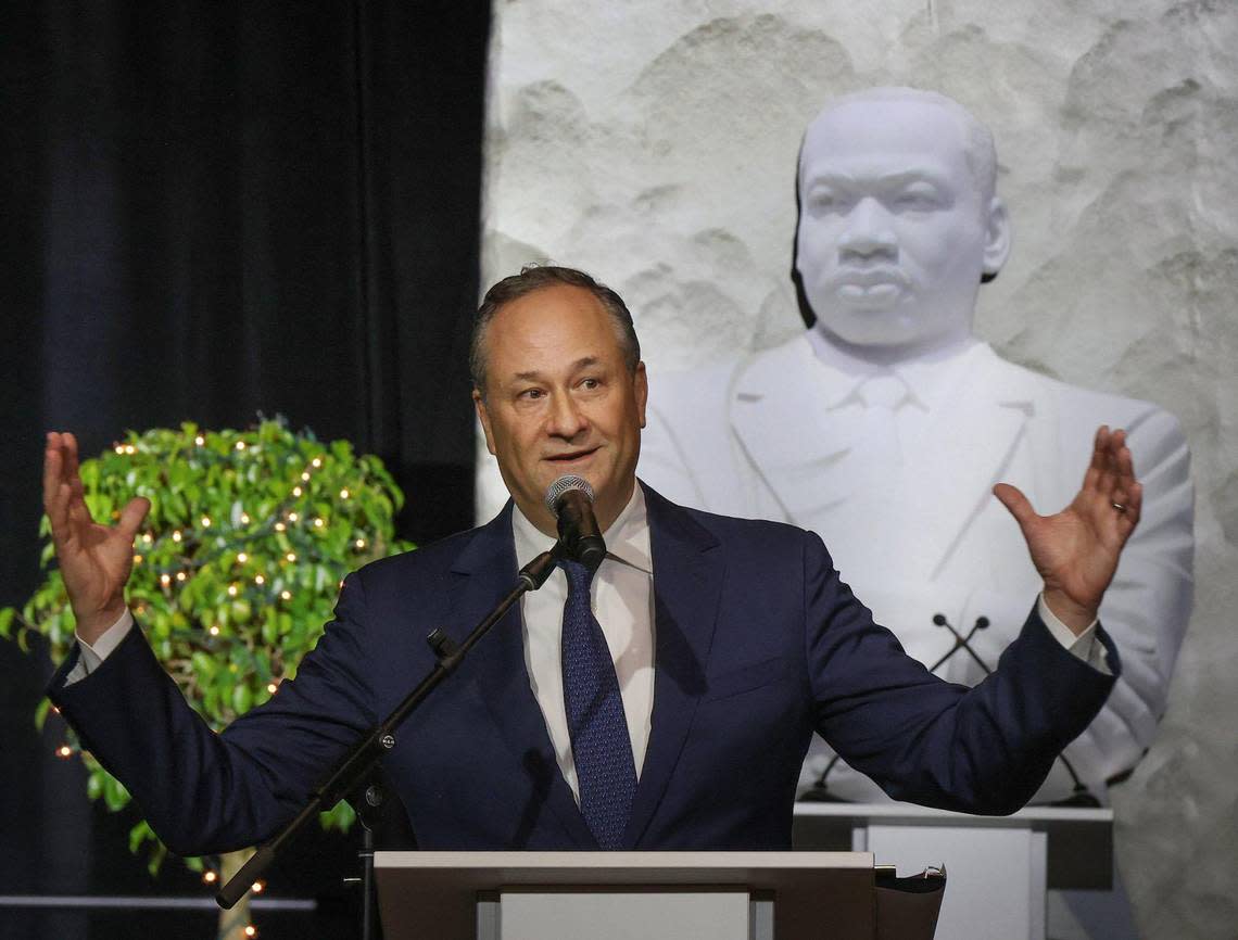 Second Gentleman Doug Emhoff speaks about the legacy of MLK and the importance of future role models in keeping that legacy alive at the 5000 Role Models of Excellence 30th scholarship breakfast at the Miami Beach Convention Center on Monday, Jan. 16, 2023.