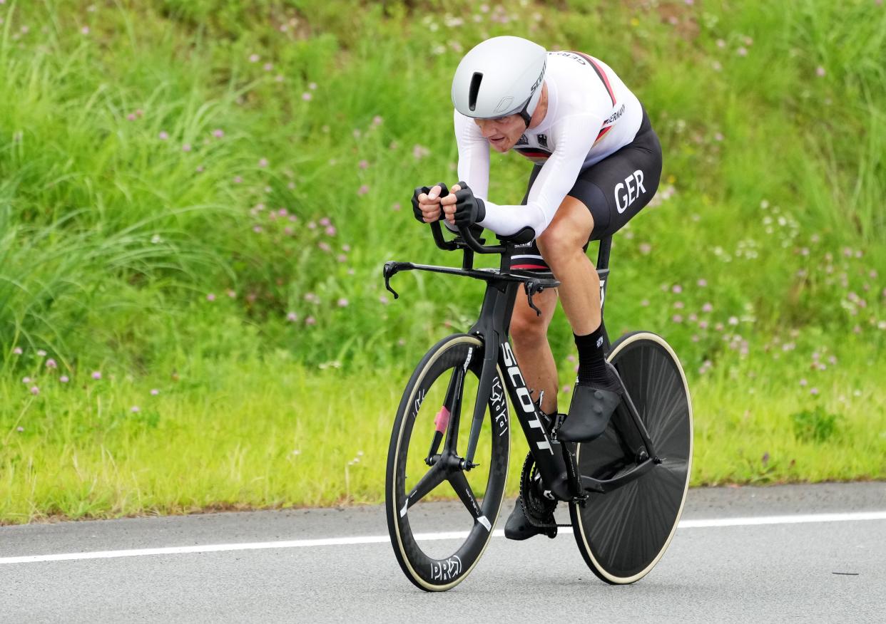 Nikias Arndt of Germany competes in the Men's Road Cycling Time Trial at the Tokyo 2020 Olympic Games at the Fuji International Speedway in Oyama, Japan (EPA)