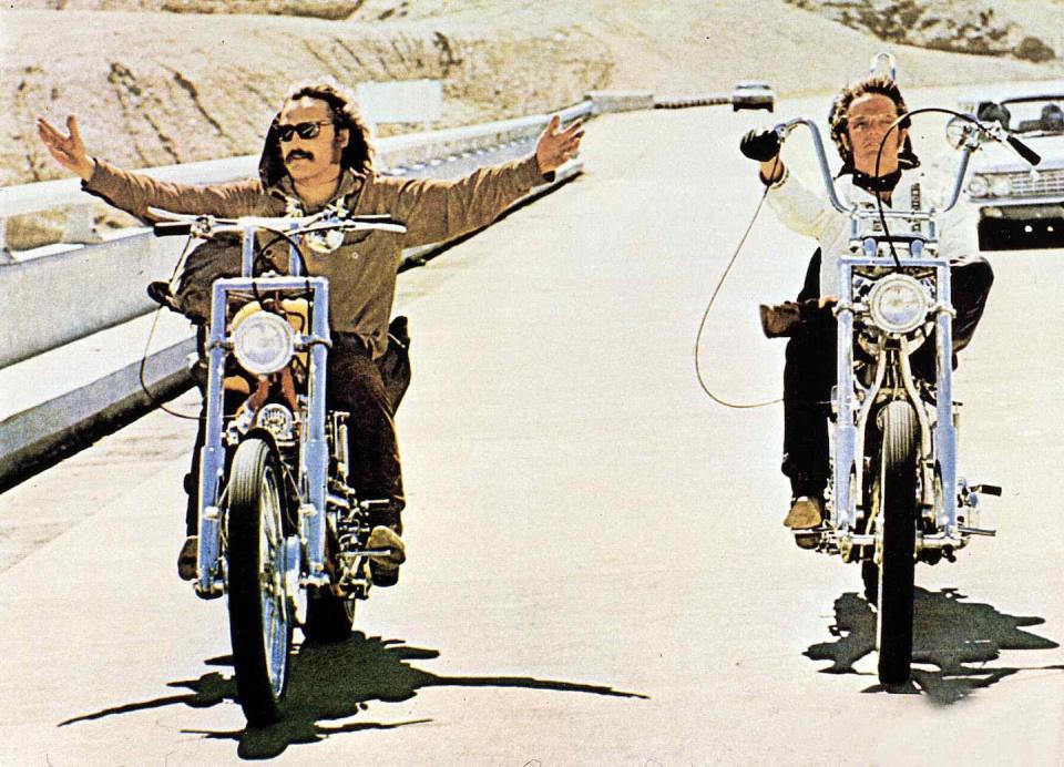 Actors Dennis Hopper, left, and Peter Fonda starred in ‘Easy Rider.’ <a href="https://www.gettyimages.com/detail/news-photo/kino-easy-rider-easy-rider-easy-rider-easy-rider-dennis-news-photo/1262757770?adppopup=true" rel="nofollow noopener" target="_blank" data-ylk="slk:Film Publicity Archive/United Archives via Getty Images;elm:context_link;itc:0;sec:content-canvas" class="link ">Film Publicity Archive/United Archives via Getty Images</a>