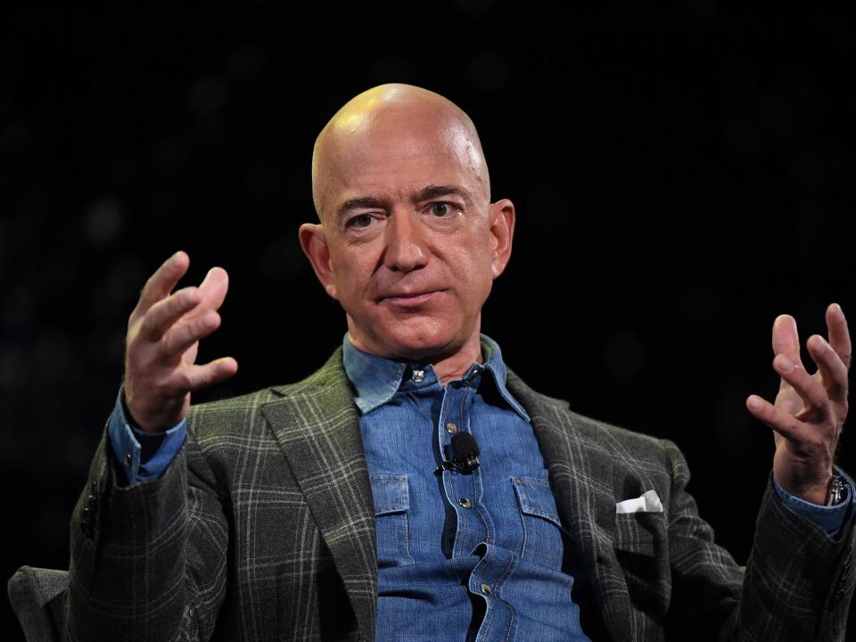Amazon Founder and CEO Jeff Bezos addresses the audience during a keynote session at the Amazon Re:MARS conference on robotics and artificial intelligence at the Aria Hotel in Las Vegas, Nevada on June 6, 2019.