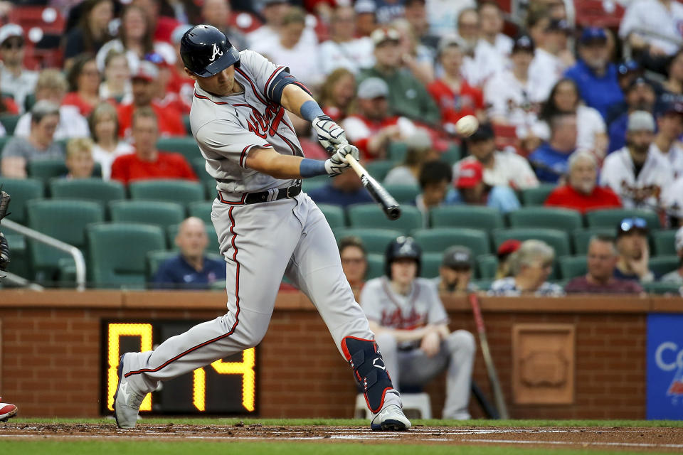 Atlanta Braves' Austin Riley hits a two-run home run against the St. Louis Cardinals during the first inning of a baseball game Tuesday, April 4, 2023, in St. Louis. (AP Photo/Scott Kane)