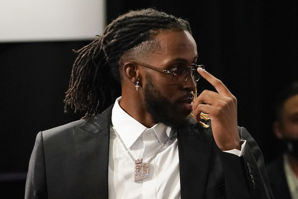 Isaiah Jackson reacts after being selected 22nd overall by the Los Angeles Lakers during the NBA basketball draft, Thursday, July 29, 2021, in New York. (AP Photo/Corey Sipkin)