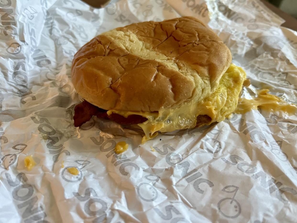 sonic's bacon egg and cheese sandwich on brioche