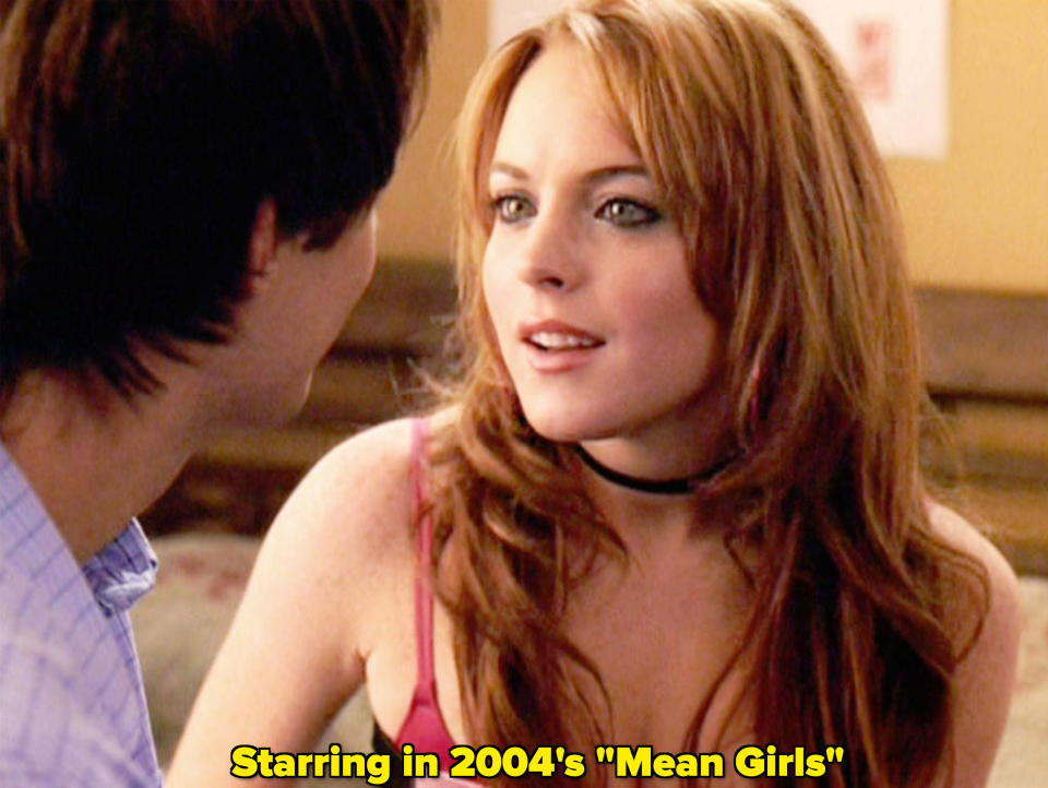 Lindsay Lohan looking at a guy and smiling in "Mean Girls"