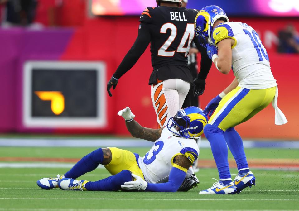 Los Angeles Rams wide receiver Odell Beckham Jr. (3) reacts after sustaining an injury against the Cincinnati Bengals during the second quarter in Super Bowl LVI at SoFi Stadium.