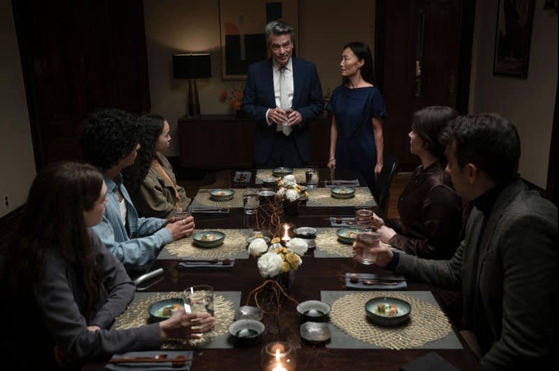 From left to right, Alanna Bale, Sebastian Chacon, Sirena Gulamgaus, Peter Gallagher, Uni Park, Emily Hampshire, and Jay Baruchel star in "Humane." Photo courtesy of IFC Films and Shudder